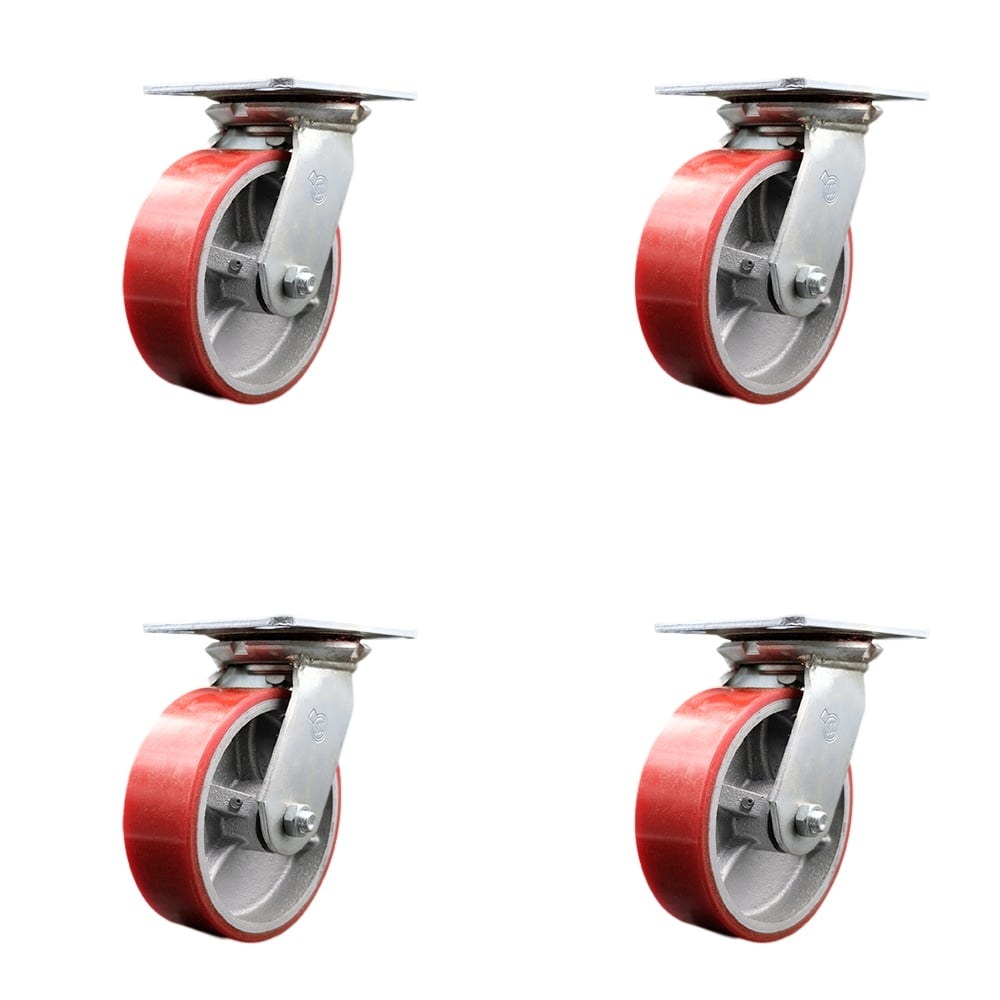 SCC-35S620-PUR-RS-4 Heavy Duty Large Top Plate Polyurethane on Cast Iron Swivel Caster with 6 x 2 in. Red Wheels - 4800 lbs Total Capacity - Set of 4