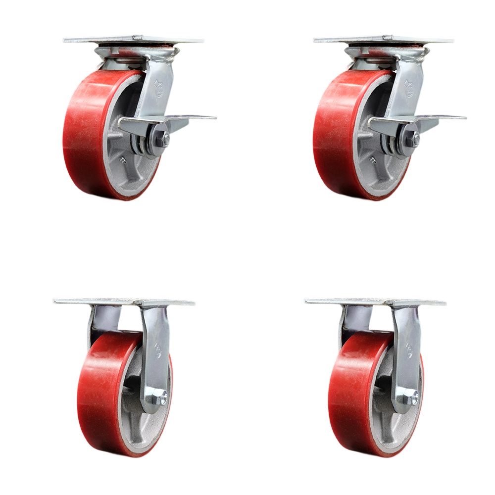 Heavy Duty Large Top Plate Polyurethane on Cast Iron Swivel Caster with 6 x 2 in. Red Wheels - 4800 lbs Total Capacity - Set of 4