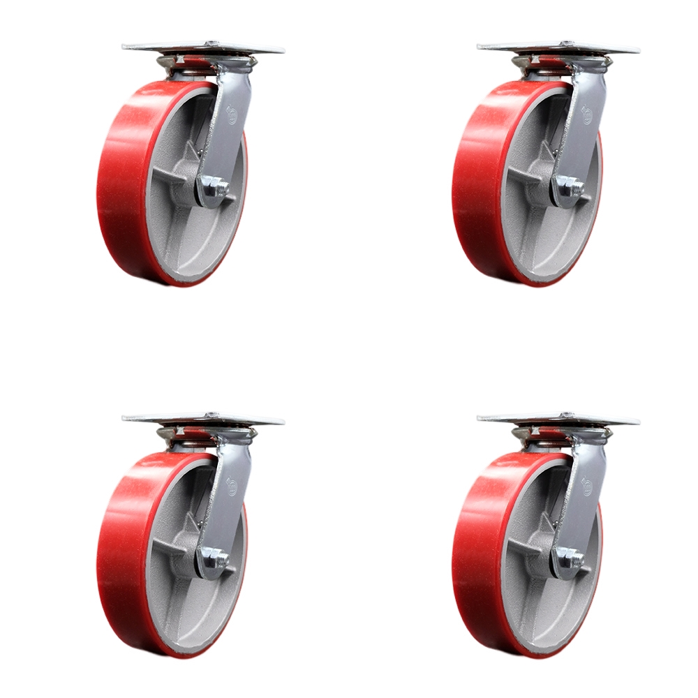 SCC-35S820-PUR-RS-4 Heavy Duty Large Top Plate Polyurethane on Cast Iron Swivel Caster with 8 x 2 in. Red Wheels - 5000 lbs Total Capacity - Set of 4
