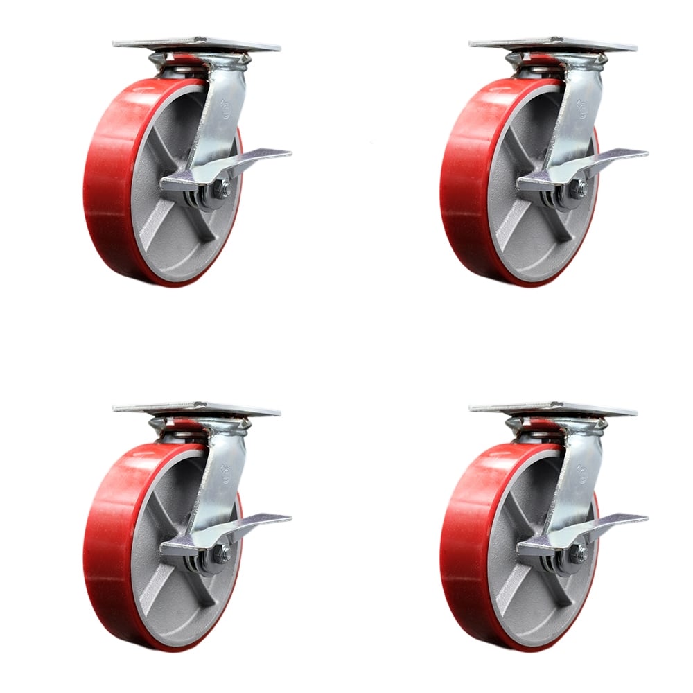 Heavy Duty Large Top Plate Polyurethane on Cast Iron Swivel Caster with 8 x 2 in. Red Wheels - 5000 lbs Total Capacity - Set of 4