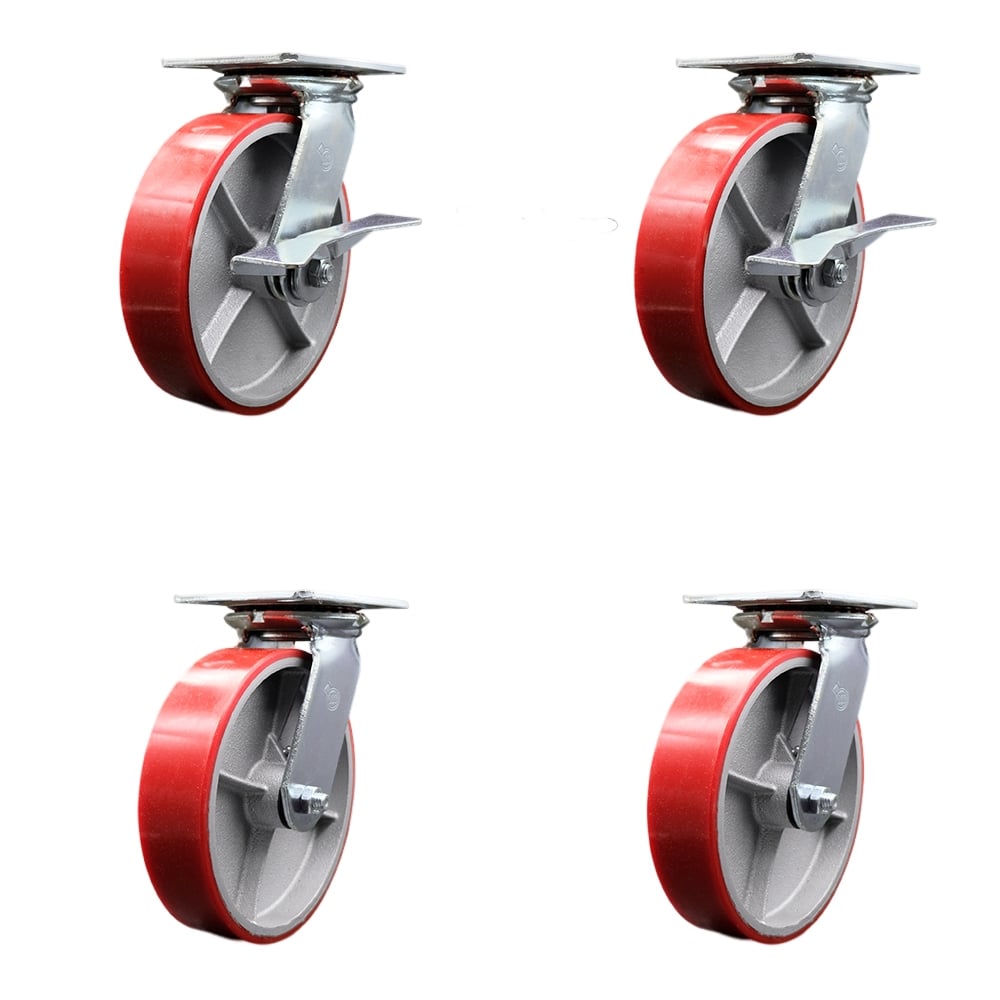 SCC-35S820-PUR-RS-SLB-BSL-2-BSL-2 Heavy Duty Large Top Plate Poly on Cast Iron Swivel Caster with 8 x 2 in. Red Wheels - 5000 lbs Capacity - Set of 4
