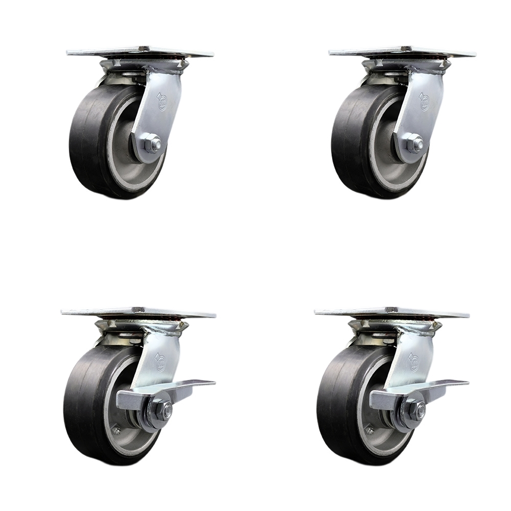 SCC-35S520-RAR-BSL-2-SLB-2 Heavy Duty Large Top Plate Rubber on Aluminum Swivel Caster with 5 x 2 in. Black Wheels - 2000 lbs Capacity - Set of 4