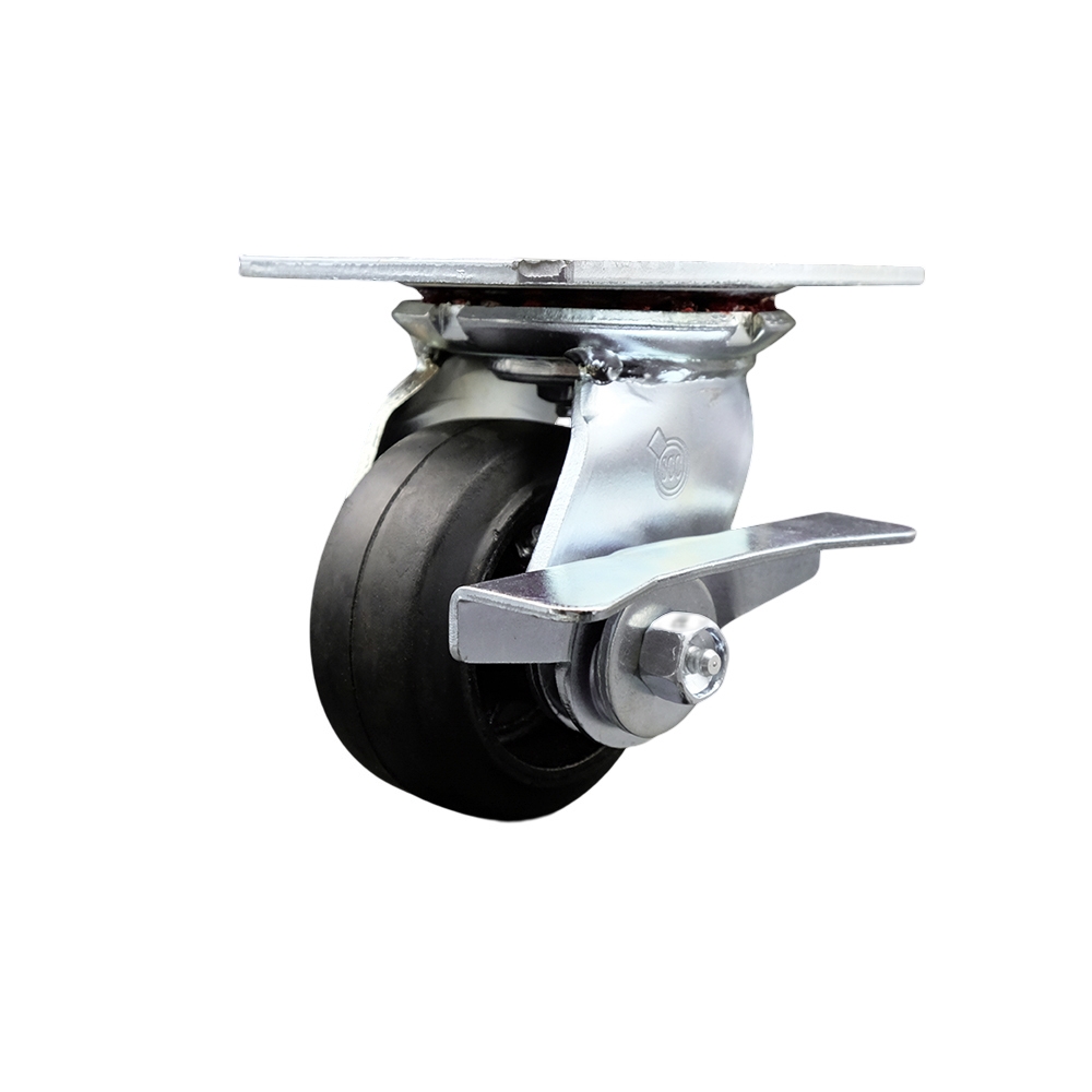Heavy Duty Large Top Plate Rubber on Cast Iron Swivel Caster with 4 x 2 in. Black Wheel & Side Lock Brake - 400 lbs Capacity per Caster