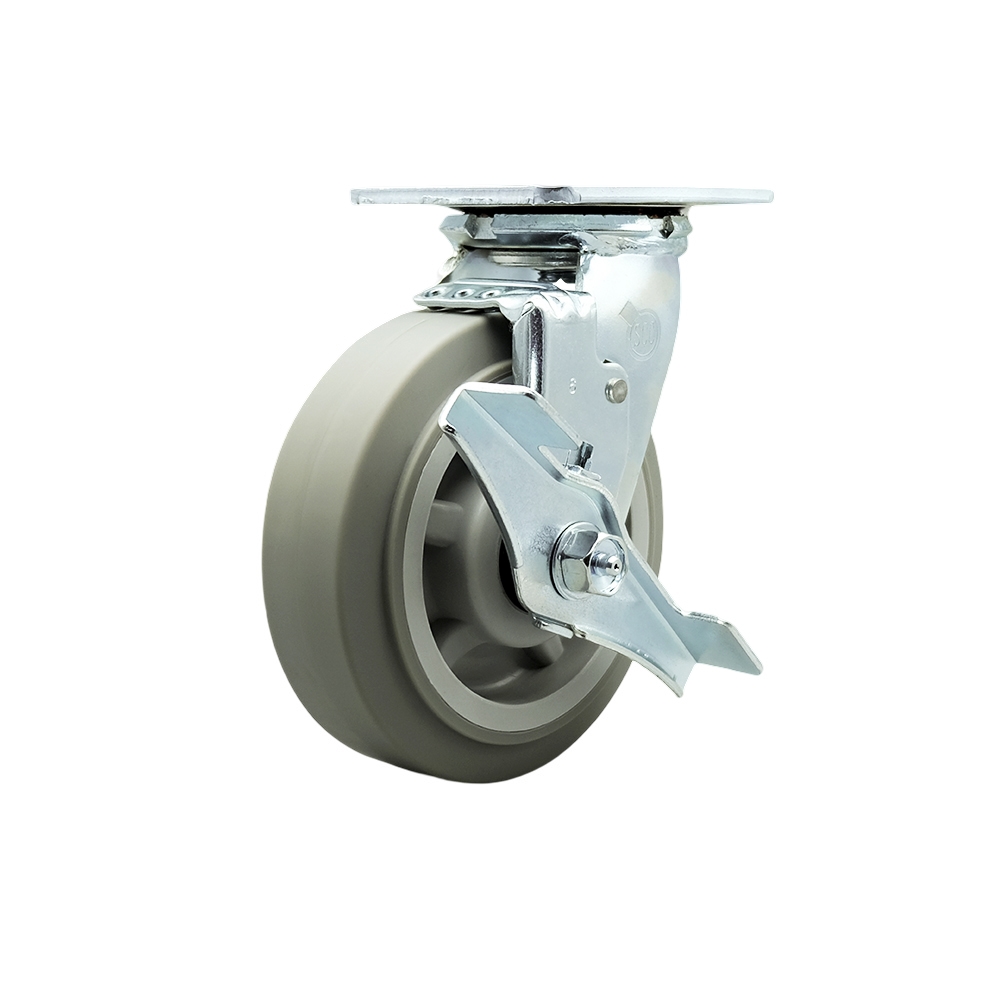 Thermoplastic Rubber Flat Tread Swivel Top Plate Heavy Duty Caster with 6 in. Wheel & Top Lock Brake - 500 lbs Capacity per Caster