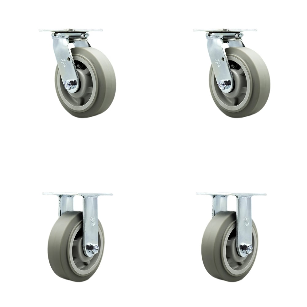Thermoplastic Rubber Flat Tread Swivel Top Plate Casters, Heavy Duty with 6 in. Wheels - 2000 lbs Total Capacity - Set of 4