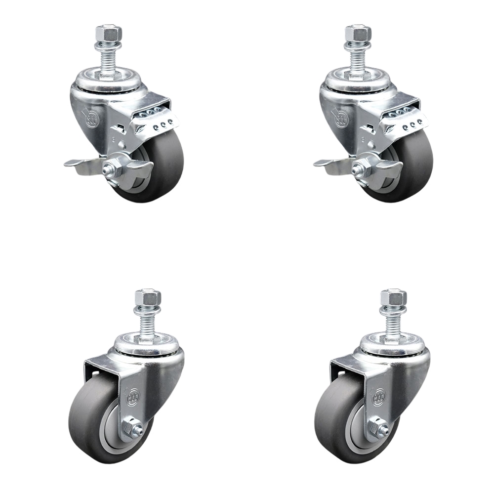 Thermoplastic Rubber Swivel Threaded Stem Caster - 3 x 1.25 in. Gray Wheels & 12 mm Metric Stems - 840 lbs Total Capacity - Set of 4
