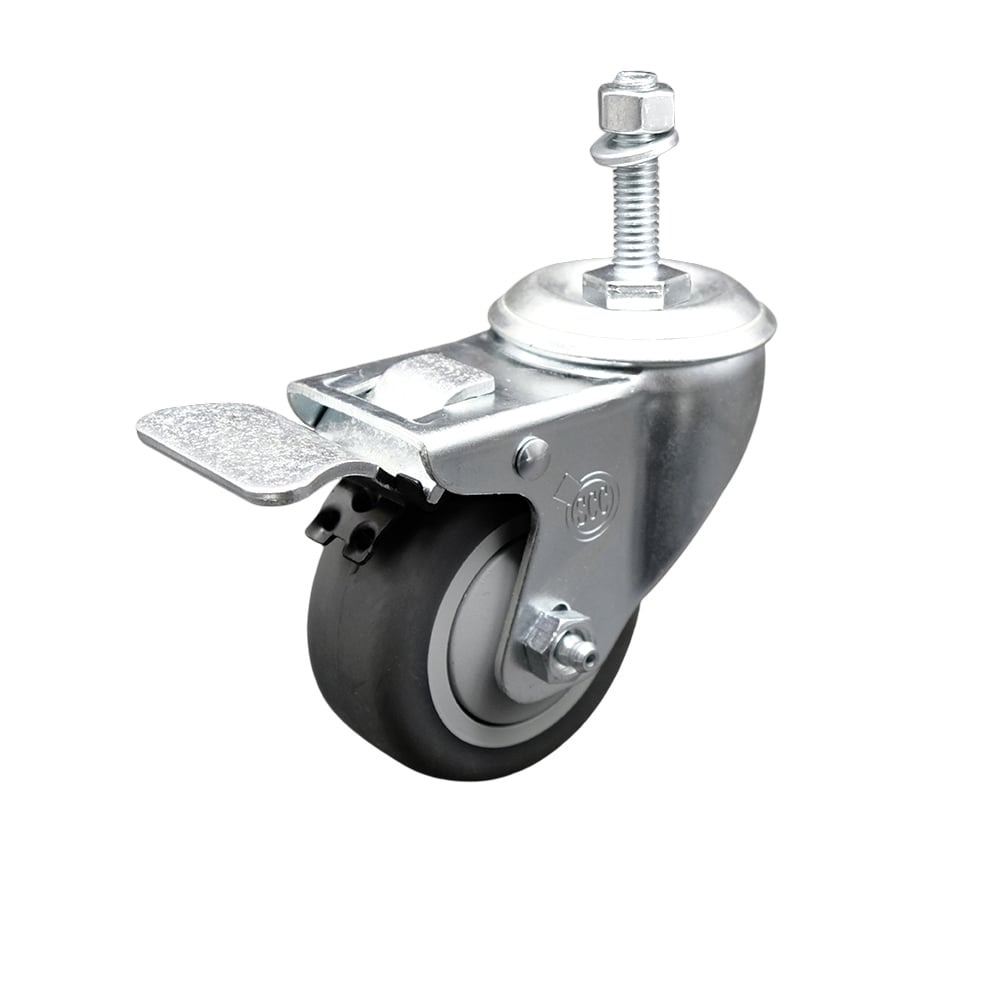 Stainless Steel Thermoplastic Rubber Swivel Threaded Stem Caster - 3 x 1.25 in. Gray Wheel & 0.37 in. Stem & Total Locking Brake - 210 lbs Capacity