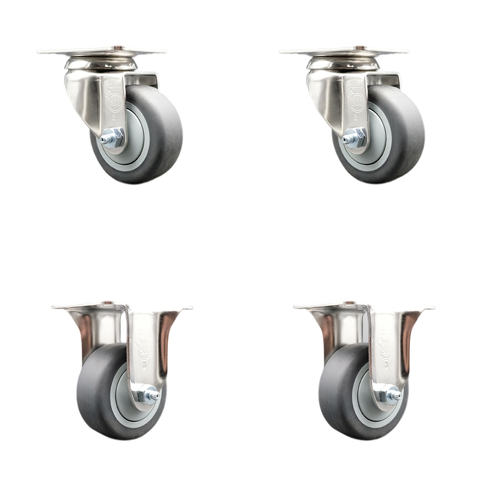 SCC-SS31620S314-TPRB-2-R-2 Thermoplastic Rubber Swivel Top Plate Caster with 3 in. Gray Caster Wheels - 316 Stainless Steel Casters - Set of 4