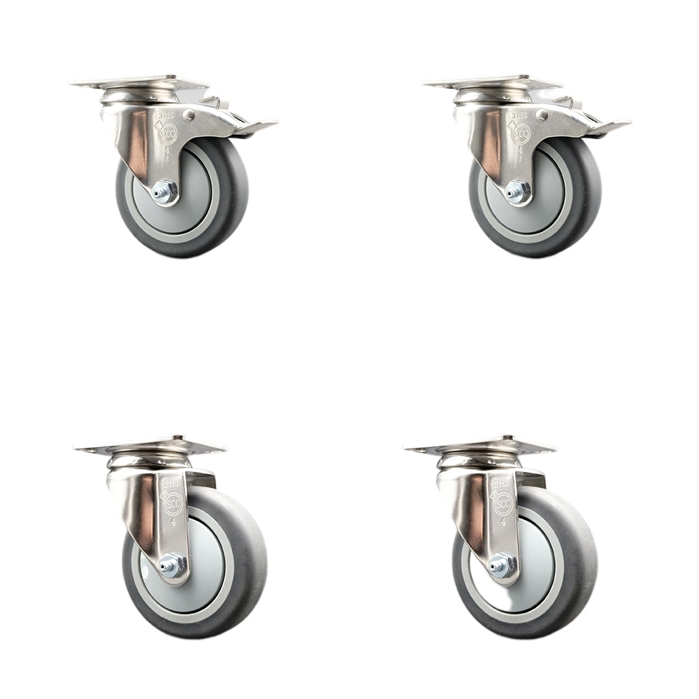 SCC-SS316TTL20S414-TPRB-2-S-2 Thermoplastic Rubber Swivel Top Plate Caster with 4 in. Gray Caster Wheels - 316 Stainless Steel Casters - Set of 4