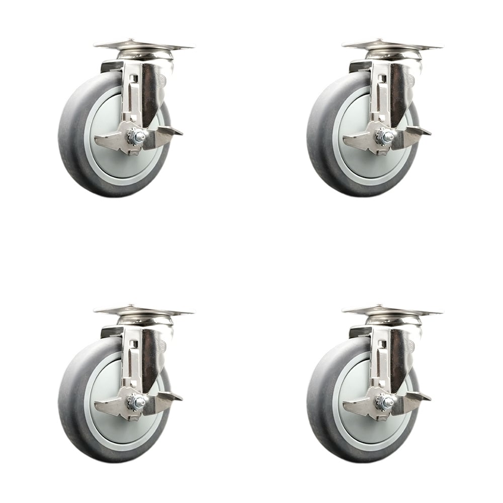 Thermoplastic Rubber Swivel Top Plate Caster with 5 in. Caster Wheels - 316 Stainless Steel Casters - 1200 lbs Total Capacity - Set of 4
