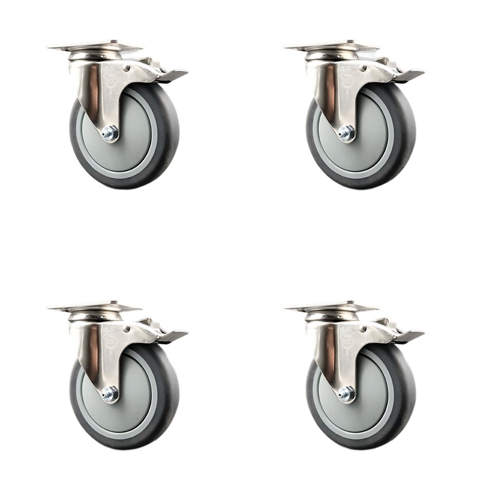Thermoplastic Rubber Swivel Top Plate Caster with 5 in. Caster Wheels - 316 Stainless Steel Casters - 1200 lbs Total Capacity - Set of 4