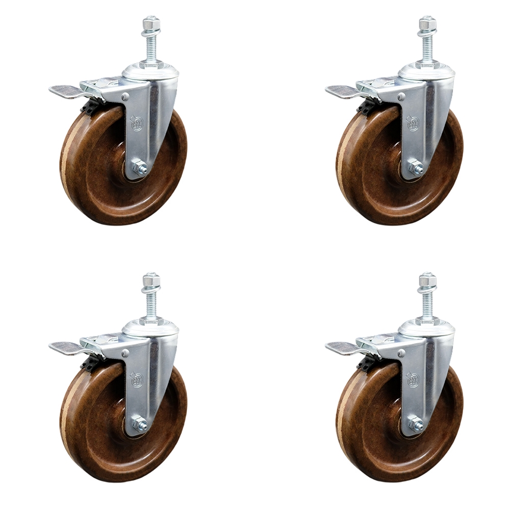 SCC-TSTTL20S514-PHSHT-M1215-4 High Temperature Phenolic Swivel Threaded Stem Caster with 5 x 1.25 in. Brown Wheels & 12 mm Stems - Set of 4