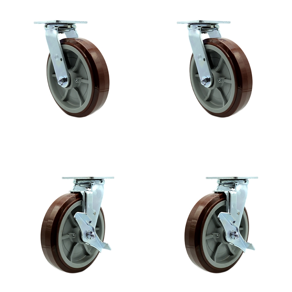 SCC-30CS820-PPUR-2-TLB-2 Polyurethane Swivel Top Plate Casters, Heavy Duty with 8 in. Wheels - 4000 lbs Total Capacity - Set of 4