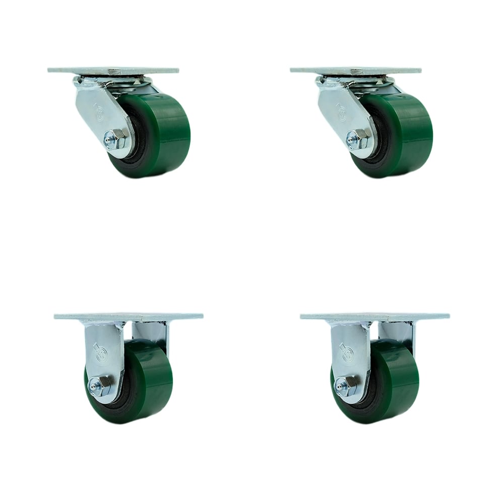 Polyurethane on Cast Iron Swivel Top Plate Casters, Heavy Duty with 3.25 in. Green Wheels - 2400 lbs Total Capacity - Set of 4