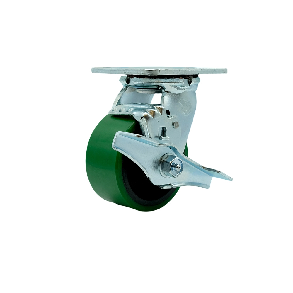 Polyurethane on Cast Iron Swivel Top Plate Heavy Duty Caster with 4 in. Green Wheel & Top Lock Brake - 700 lbs Capacity per Caster