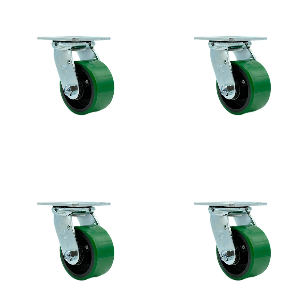 SCC-30CS420-PUR-GB-4 Polyurethane on Cast Iron Swivel Top Plate Casters, Heavy Duty with 4 in. Green Wheels - 2800 lbs Total Capacity - Set of 4