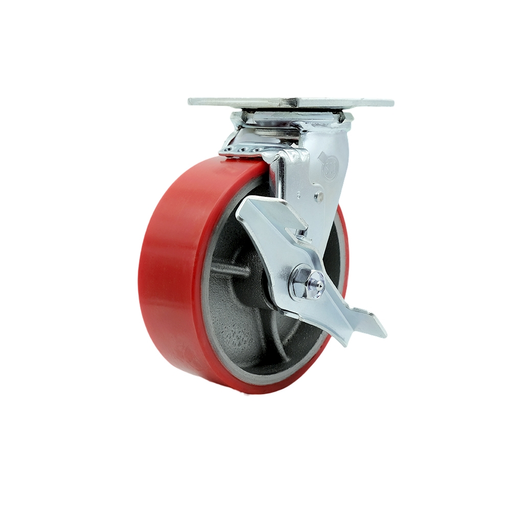 Polyurethane on Cast Iron Swivel Top Plate Heavy Duty Caster with 6 in. Red Wheel & Top Lock Brake - 1200 lbs Capacity per Caster