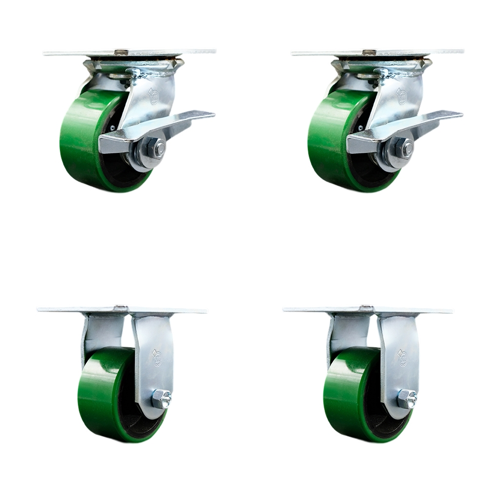 Heavy Duty Large Top Plate Polyurethane on Cast Iron Swivel Caster with Maintenance Free Bearings with 4 x 2 in. Green Wheels - Set of 4