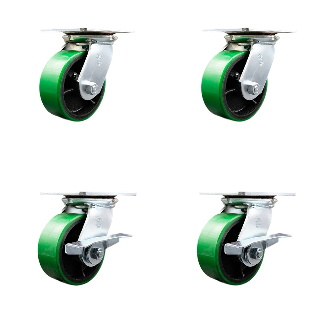 Heavy Duty Large Top Plate Polyurethane on Cast Iron Swivel Caster with Maintenance Free Bearings with 5 x 2 in. Green Wheels - Set of 4
