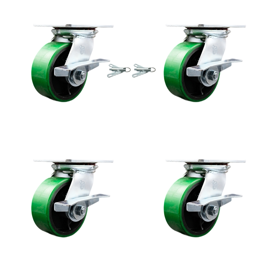Heavy Duty Large Top Plate Poly on Cast Iron Swivel Caster with Maintenance Free Bearings with 5 x 2 in. Green Wheels - Set of 4