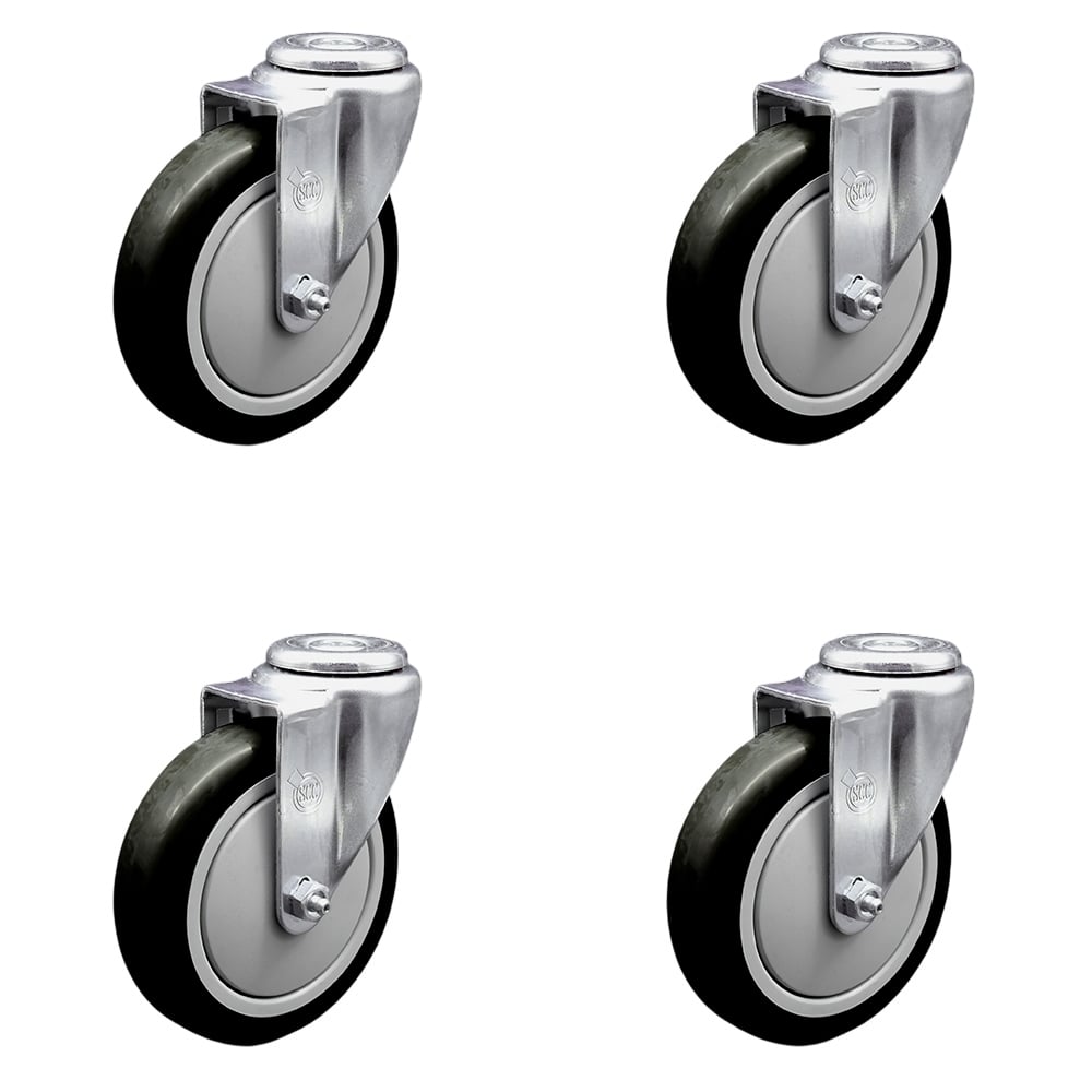 SCC-SSBH20S514-PPUB-BLK-4 Stainless Steel Polyurethane Swivel Bolt Hole Caster with 5 x 1.25 in. Black Wheels - Set of 4