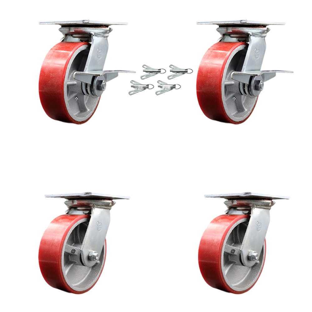 Heavy Duty Large Top Plate Poly on Cast Iron Swivel Caster with Maintenance Free Bearings with 6 x 2 in. Red Wheels - Set of 4