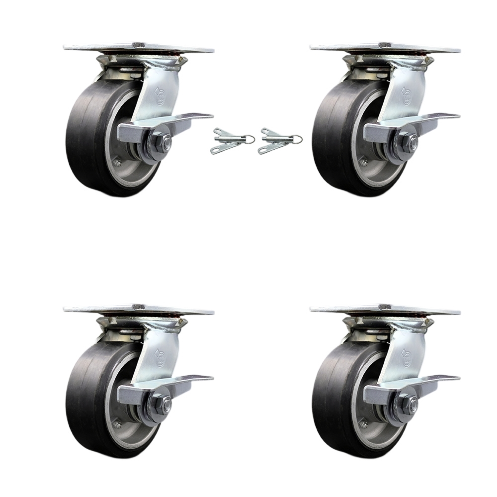 Heavy Duty Large Top Plate Rubber on Aluminum Swivel Caster with Maintenance Free Bearings with 5 x 2 in. Black Wheels - Set of 4