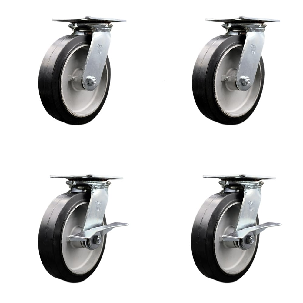 Heavy Duty Large Top Plate Rubber on Aluminum Swivel Caster with Maintenance Free Bearings with 8 x 2 in. Black Wheels - Set of 4