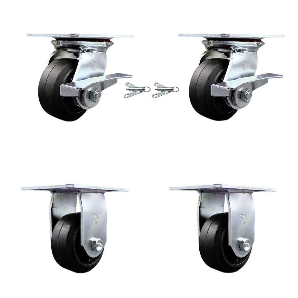 Heavy Duty Large Top Plate Rubber on Cast Iron Swivel Caster with Maintenance Free Bearings with 4 x 2 in. Black Wheels - Set of 4