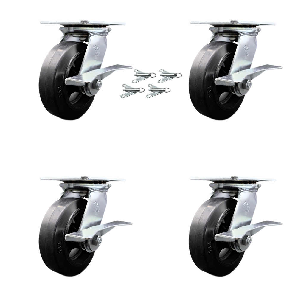 Heavy Duty Large Top Plate Rubber on Cast Iron Swivel Caster with Maintenance Free Bearings with 6 x 2 in. Black Wheels - Set of 4