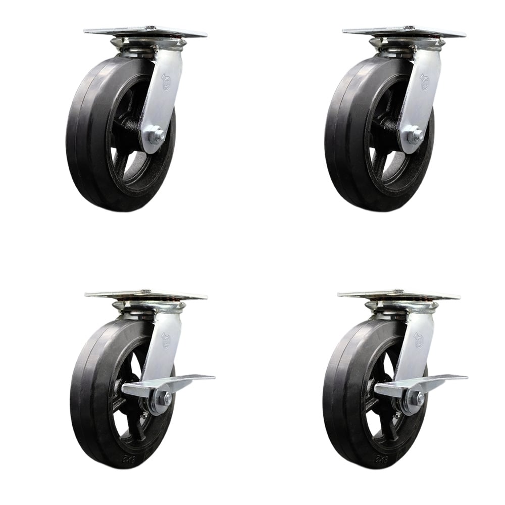 Heavy Duty Large Top Plate Rubber on Cast Iron Swivel Caster with Maintenance Free Bearings with 8 x 2 in. Black Wheels - Set of 4