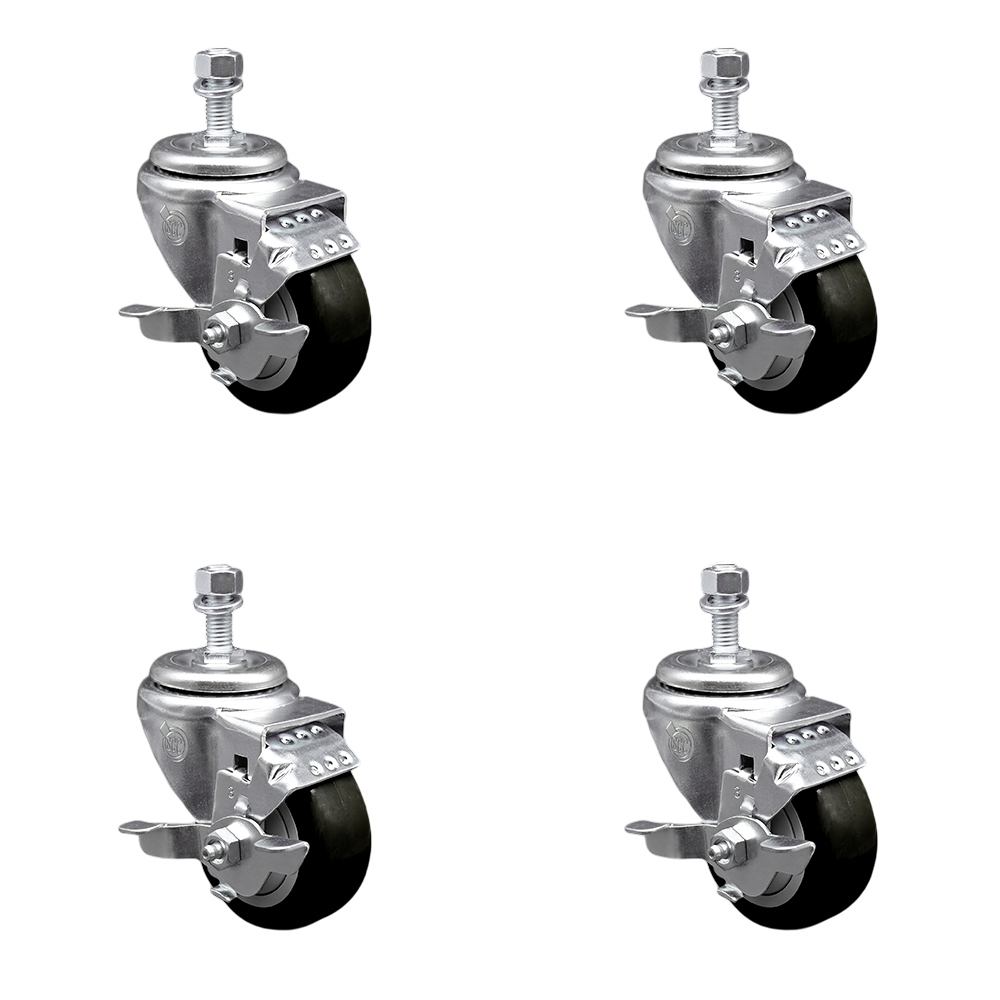 Stainless Steel Polyurethane Swivel Threaded Stem Caster with 3 x 1.25 in. Black Wheels & 0.5 in. Stems - Set of 4
