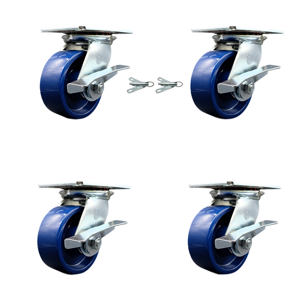 Heavy Duty Large Top Plate Solid Polyurethane Swivel Caster with Maintenance Free Bearings with 5 x 2 in. Blue Wheels - Set of 4