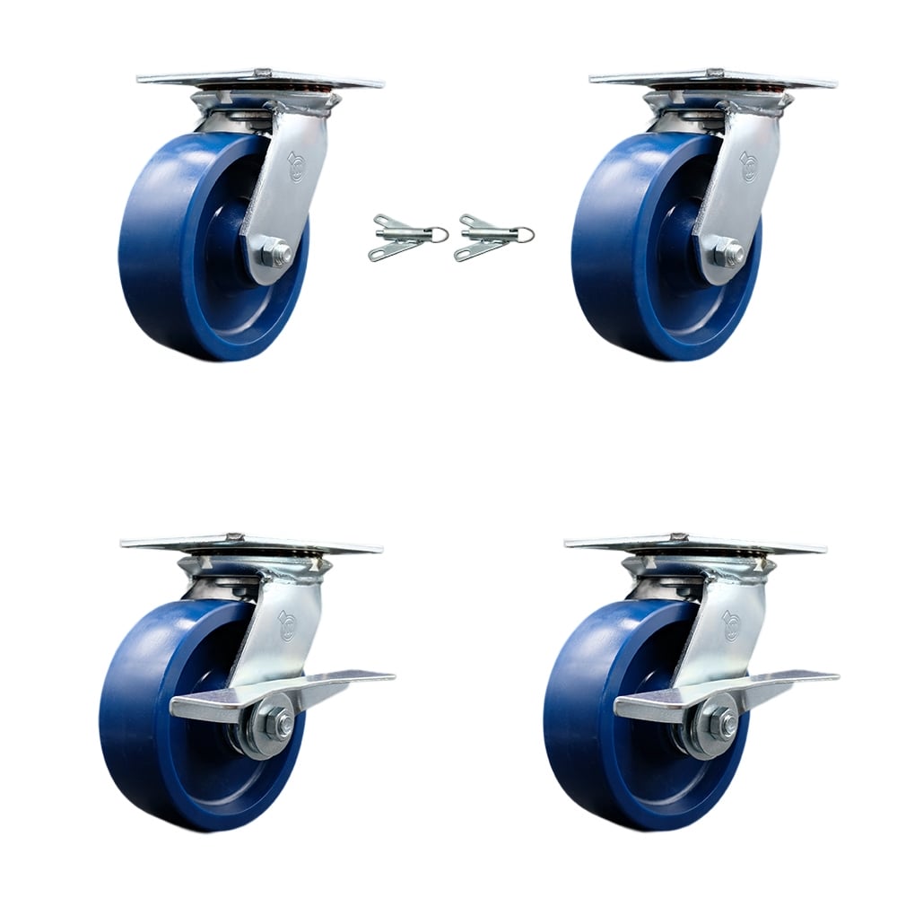 Heavy Duty Large Top Plate Solid Polyurethane Swivel Caster with Maintenance Free Bearings with 6 x 2 in. Blue Wheels - Set of 4