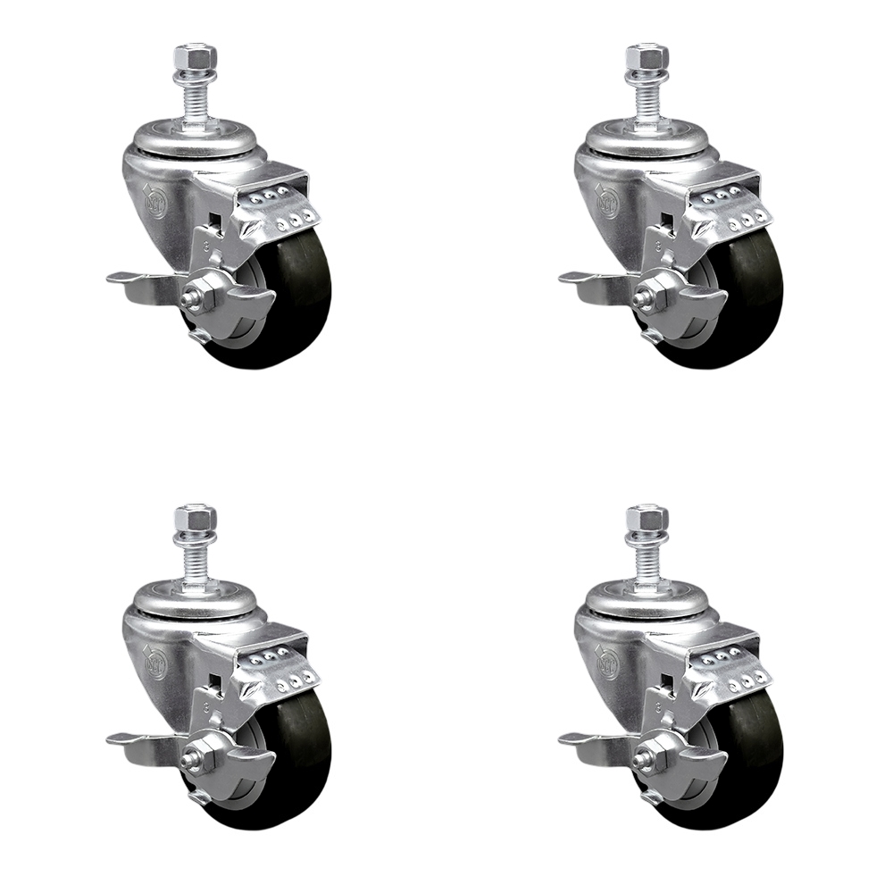 Stainless Steel Polyurethane Swivel Threaded Stem Caster with 3.5 x 1.25 in. Black Wheels & 0.5 in. Stems - Set of 4