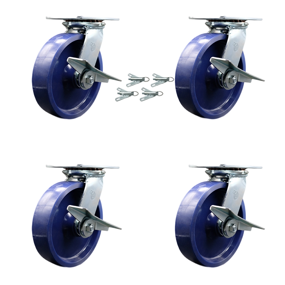 Heavy Duty Large Top Plate Solid Polyurethane Swivel Caster with Maintenance Free Bearings with 8 x 2 in. Blue Wheels - Set of 4