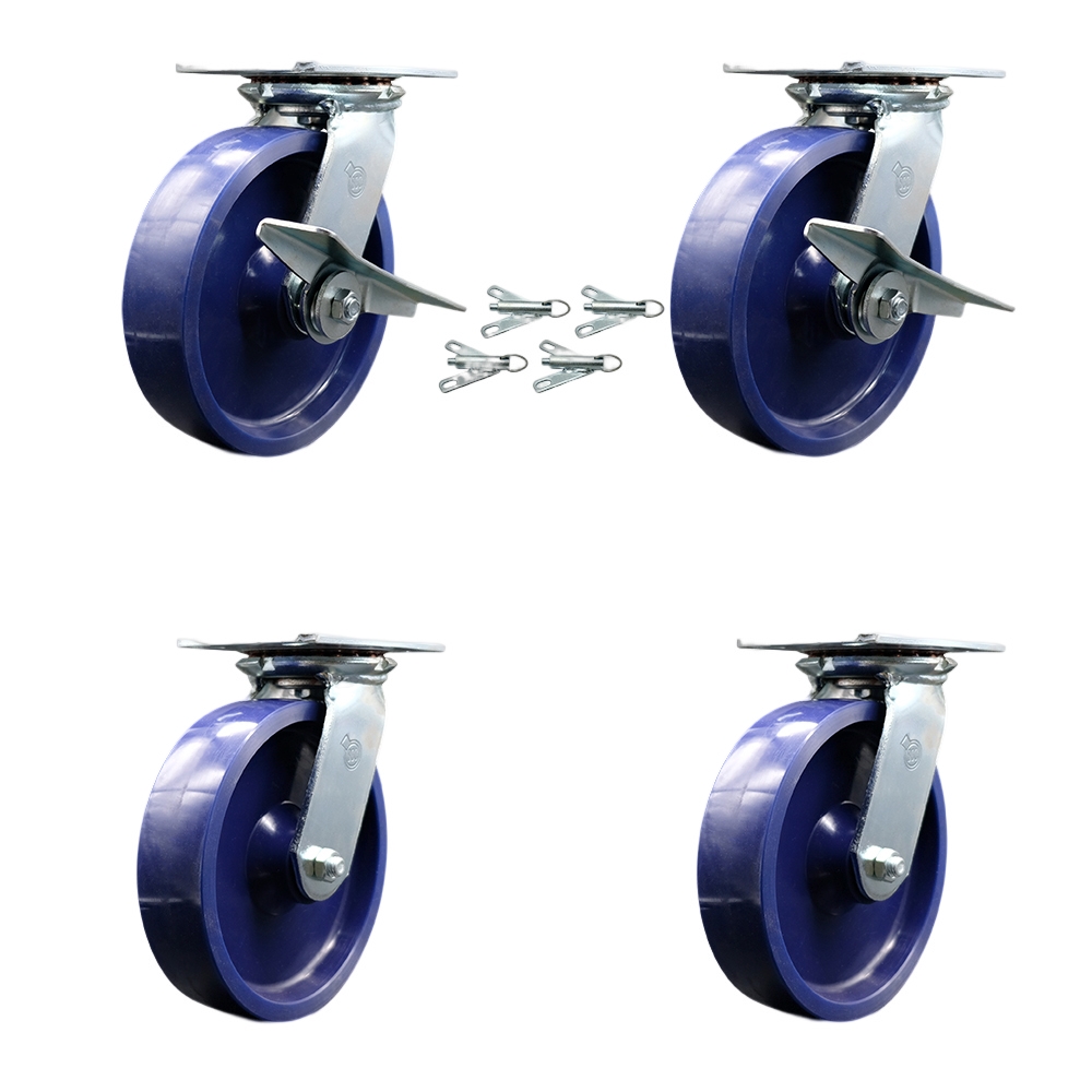Heavy Duty Large Top Plate Solid Polyurethane Swivel Caster with Maintenance Free Bearings with 8 x 2 in. Blue Wheel - Set of 4