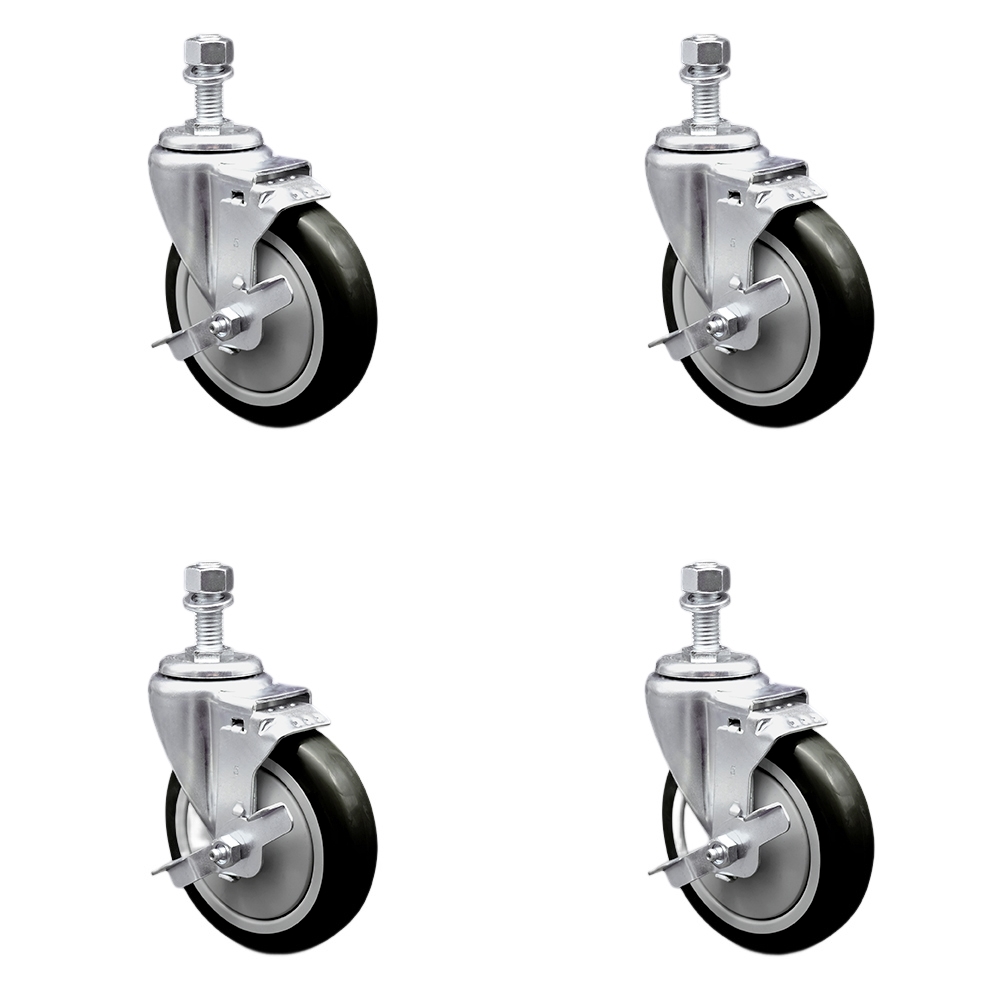 Stainless Steel Polyurethane Swivel Threaded Stem Caster with 5 x 1.25 in. Black Wheels & 0.5 in. Stems - Set of 4
