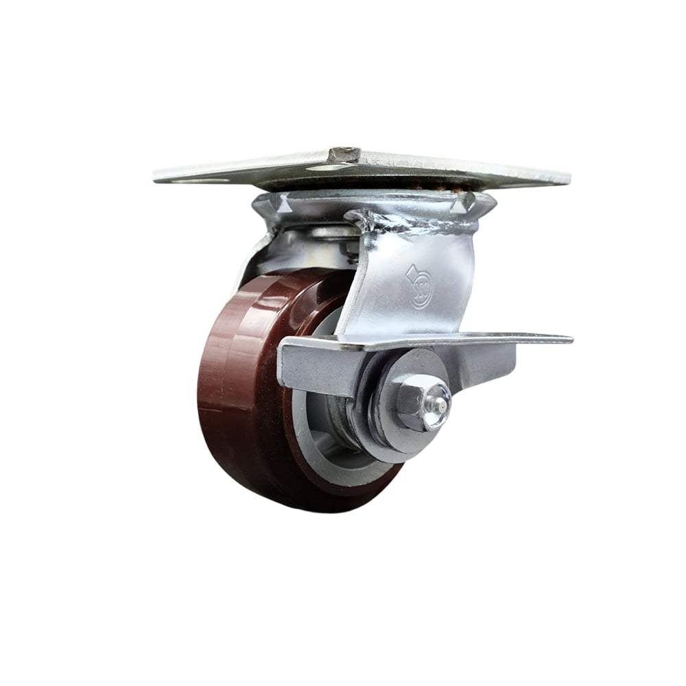 Heavy Duty Large Top Plate Polyurethane on Polyolefin Swivel Caster with 4 x 2 in. Maroon Wheel & Side Lock Brake - 600 lbs Capacity per Caster