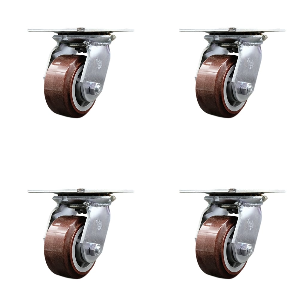 Heavy Duty Large Top Plate Polyurethane on Polyolefin Swivel Caster with 4 x 2 in. Maroon Wheels - 2400 lbs Total Capacity - Set of 4