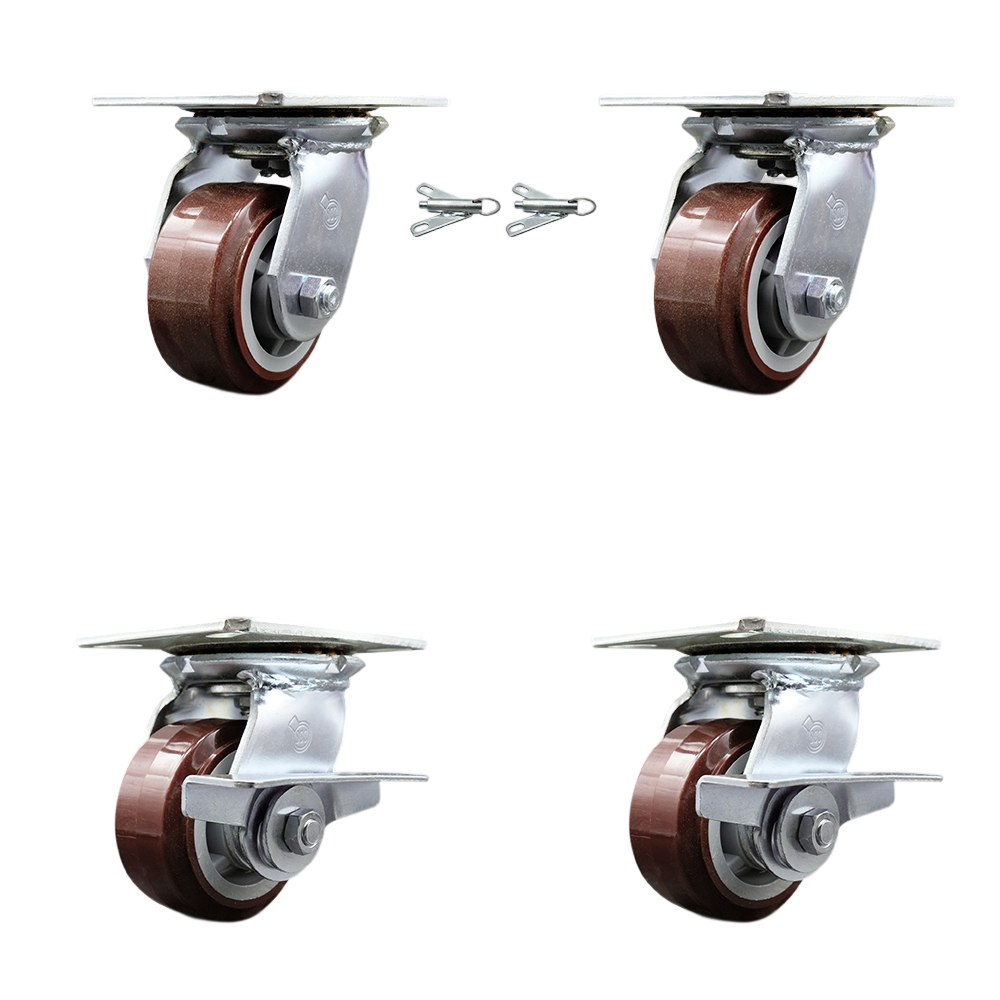 Heavy Duty Large Top Plate Polyurethane on Polyolefin Swivel Caster with 4 x 2 in. Maroon Wheels - 2400 lbs Capacity - Set of 4