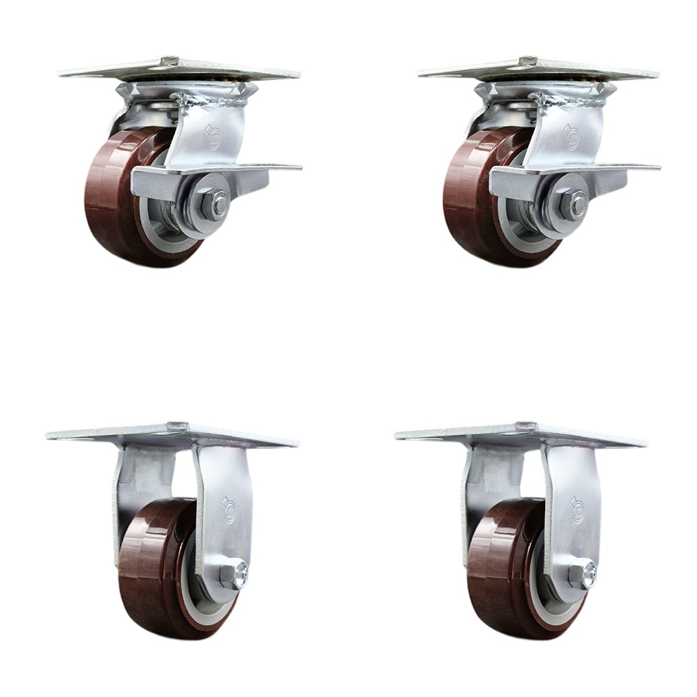 Heavy Duty Large Top Plate Polyurethane on Polyolefin Swivel Caster with 4 x 2 in. Maroon Wheels - 2400 lbs Total Capacity - Set of 4