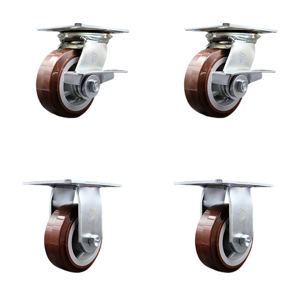 Heavy Duty Large Top Plate Polyurethane on Polyolefin Swivel Caster with 5 x 2 in. Maroon Wheels - 3000 lbs Total Capacity - Set of 4