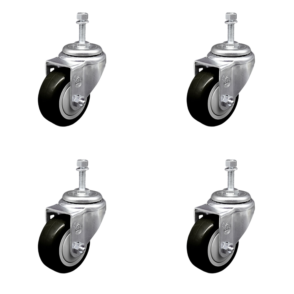 SCC-TS20S3514-PPUB-BLK-381615-4 Polyurethane Swivel Threaded Stem Caster with 3.5 x 1.25 in. Black Wheels & 0.38 in. Stems - Set of 4