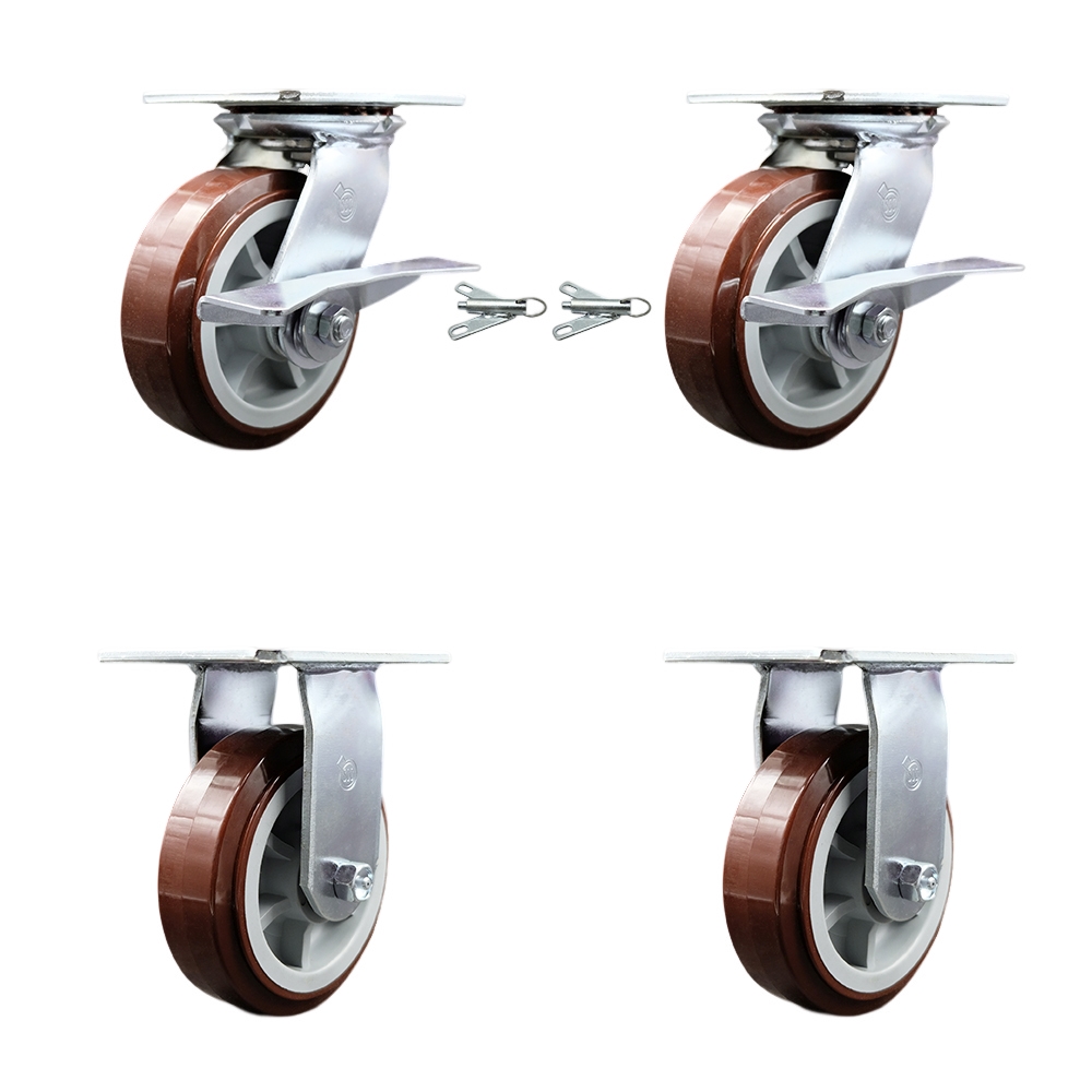 Heavy Duty Large Top Plate Polyurethane on Polyolefin Swivel Caster with 6 x 2 in. Maroon Wheels - 3600 lbs Capacity - Set of 4