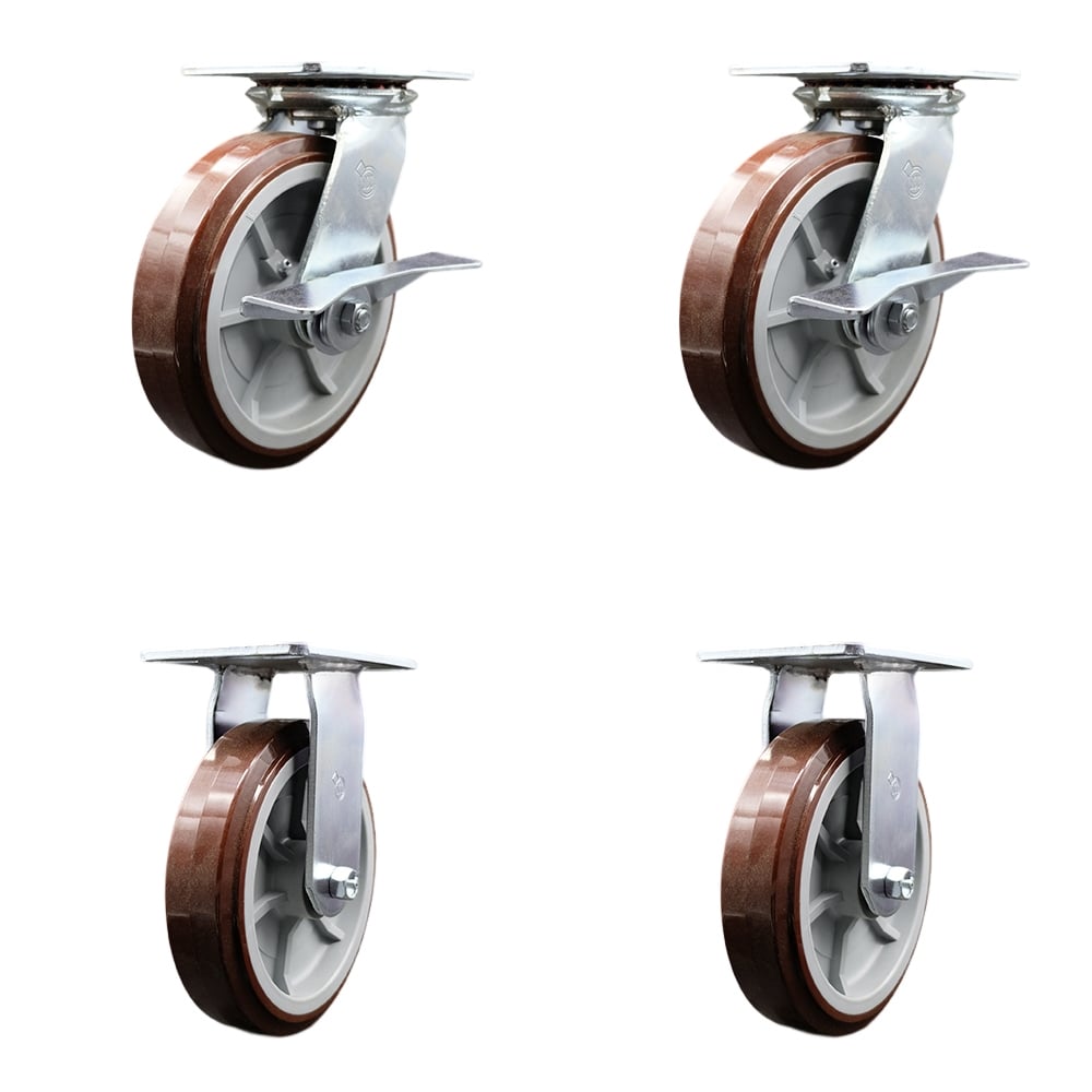 Heavy Duty Large Top Plate Polyurethane on Polyolefin Swivel Caster with 8 x 2 in. Maroon Wheels - 4000 lbs Total Capacity - Set of 4