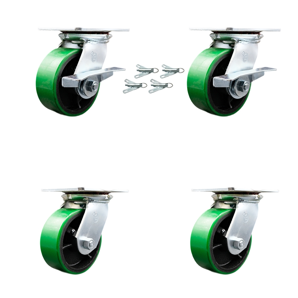 Heavy Duty Large Top Plate Poly on Cast Iron Swivel Caster with 5 x 2 in. Green Wheels - 3600 lbs Capacity - Set of 4