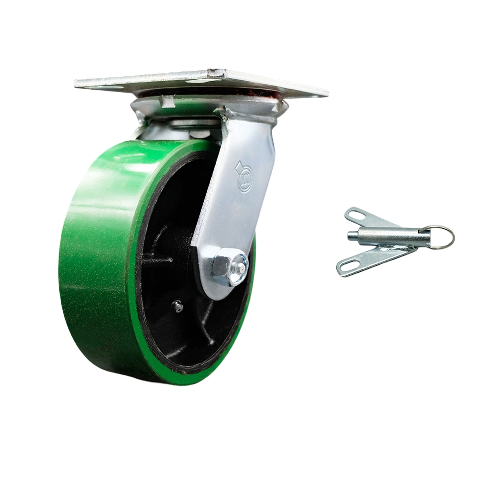 Heavy Duty Large Top Plate Polyurethane on Cast Iron Swivel Caster with 6 x 2 in. Green Wheel & Bolt on Swivel Lock - 1200 lbs Capacity per Caster