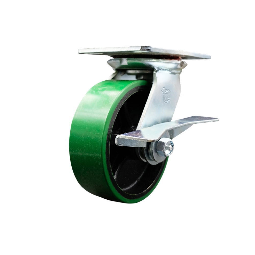 Heavy Duty Large Top Plate Polyurethane on Cast Iron Swivel Caster with 6 x 2 in. Green Wheel & Side Lock Brake - 1200 lbs Capacity per Caster