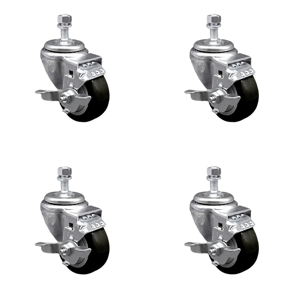 Stainless Steel Polyurethane Swivel Threaded Stem Caster with 3 x 1.25 in. Black Wheels & 0.38 in. Stems - Set of 4